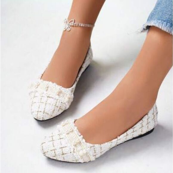BRAND NEW SIFAYF FAUX PEARL   ELEGANT BALLET PLAID PATTERN TWEED BALLET FLAT - Picture 1 of 15